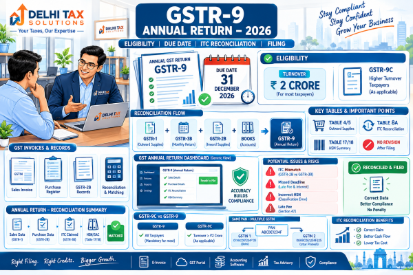 Indian Chartered Accountant explaining GSTR-9 annual return 2026, â‚¹2 crore turnover threshold, December 31 due date, Table 8A ITC reconciliation and GSTR-9C