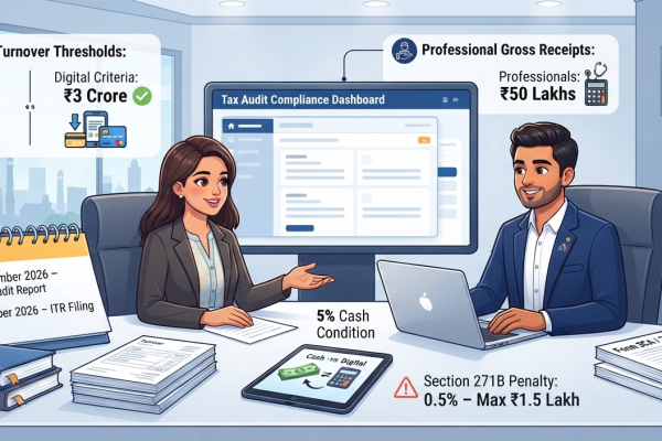 Professional Indian Chartered Accountant explaining Section 44AB tax audit thresholds, ₹1 crore and ₹3 crore business limits, ₹50 lakh professional limit, due dates, forms, and penalties.