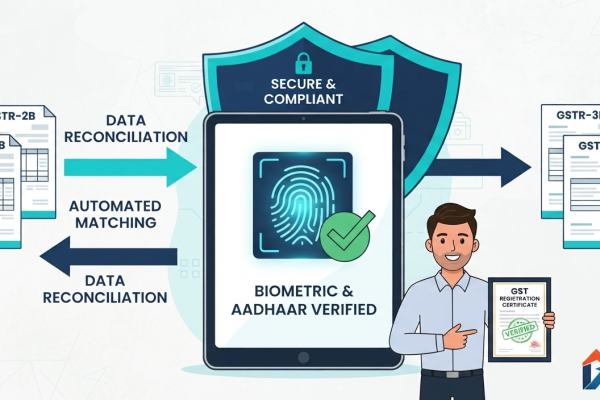 2D flat vector infographic showing biometric Aadhaar authentication and automated GSTR-2B Input Tax Credit matching under 57th GST Council rules.