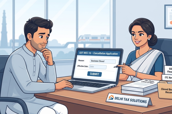 GST registration cancellation process showing Form REG-16, GSTR-10 final return, input tax credit reversal and CA guidance