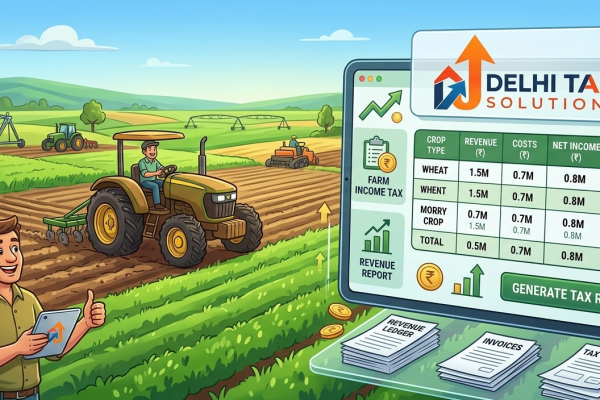 Cartoon illustration of agricultural farmland and tax calculation documents.