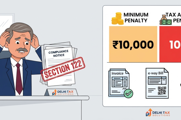 2D flat vector illustration of a business owner facing a Section 122 GST penalty notice alongside an infographic detailing GST offences and penalties.