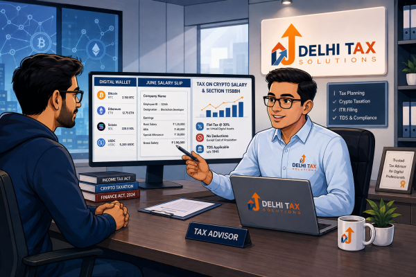 Cartoon illustration of an Indian Web3 professional reviewing crypto salary tax and Section 115BBH rules with a Delhi Tax Solutions advisor.