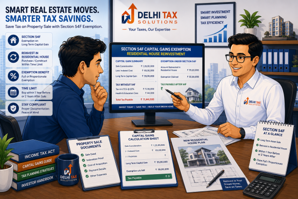 Cartoon illustration of an Indian investor consulting a Delhi Tax Solutions advisor about Section 54F capital gains exemption and residential property reinvestment.