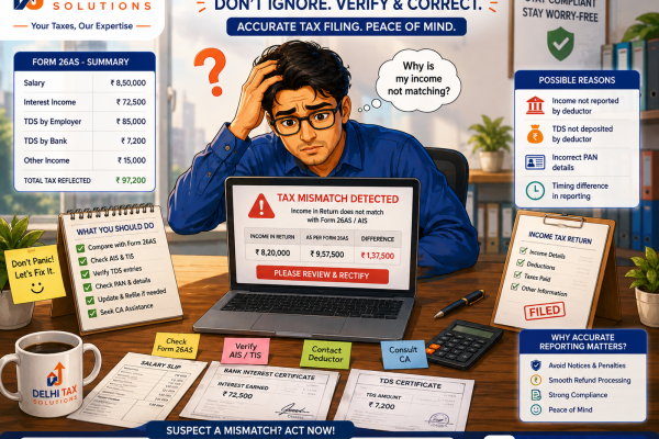 Cartoon illustration of an Indian taxpayer reviewing an income tax notice and compliance requirements.