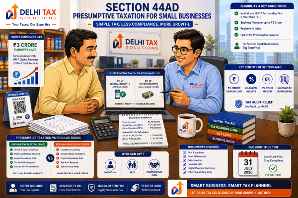 Indian small business owner discussing Section 44AD presumptive taxation, turnover limits, 6% digital receipts, 8% other receipts, and tax compliance with a Chartered Accountant.
