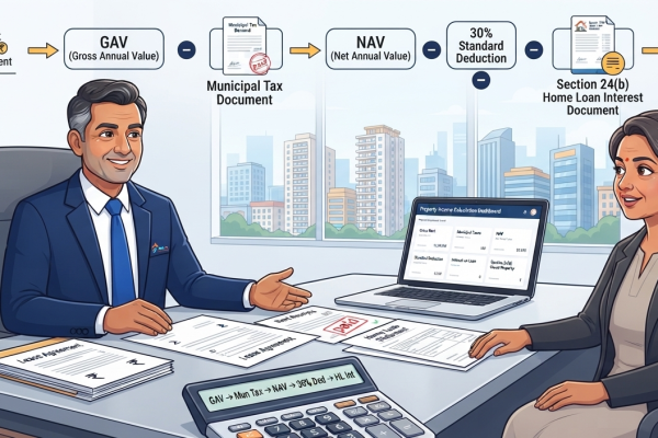 CA explaining let-out property income calculation, municipal tax deduction, 30% standard deduction and home loan interest under Section 24