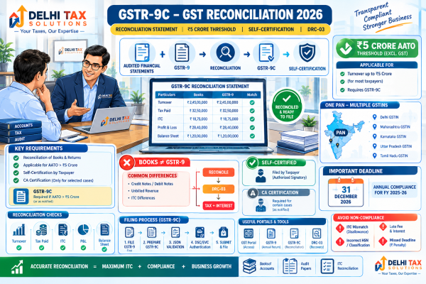 Indian Chartered Accountant explaining GSTR-9C reconciliation statement 2026, â‚¹5 crore aggregate turnover threshold, self-certification, GSTR-9 reconciliation and DRC-03 tax payment