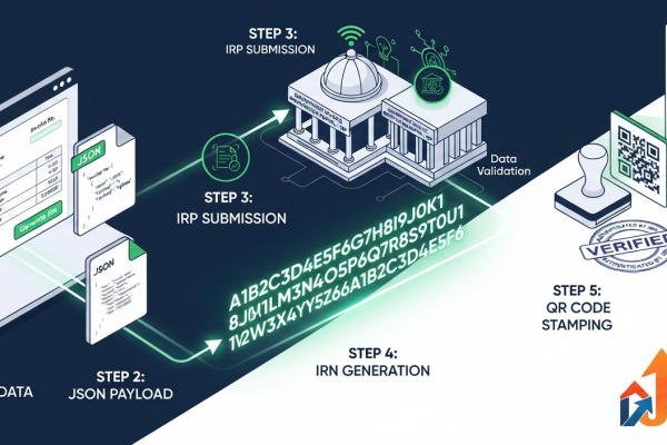 Text: Isometric vector diagram showing the generation of an e-invoice IRN and QR code via the Invoice Registration Portal.