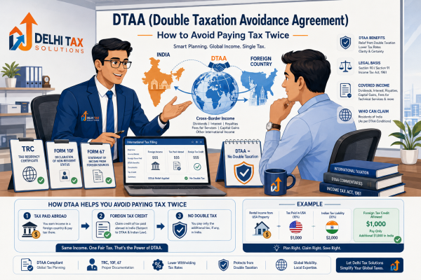 Delhi Tax Solutions illustration explaining DTAA, TRC, Form 10F, and foreign tax credit for avoiding double taxation on global income.