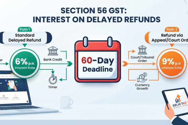 Vector infographic explaining Section 56 rules and interest rates on delayed GST refunds.