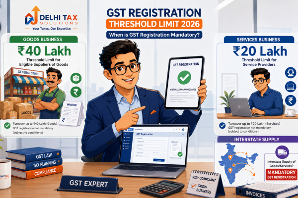 GST registration threshold limit 2026 showing ₹40 lakh for goods, ₹20 lakh for services and mandatory registration for certain interstate supplies