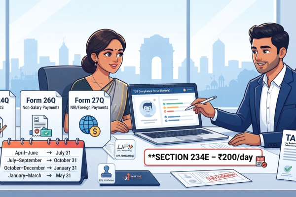 Indian Chartered Accountant explaining TDS return filing due dates 2026 with Forms 24Q, 26Q, 27Q, TAN compliance, quarterly deadlines, and Section 234E late filing penalty.