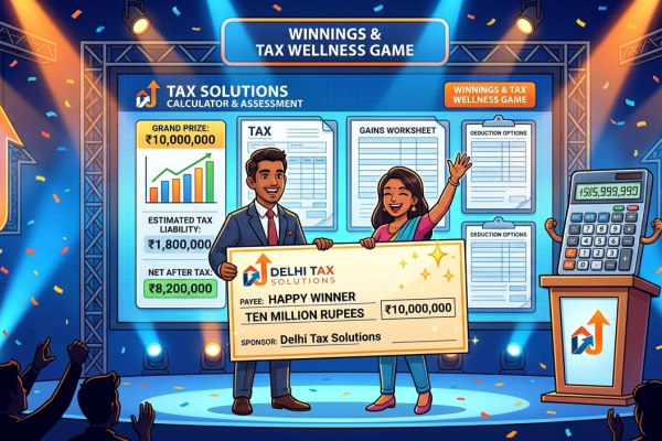 Cartoon illustration of game show prize winnings and tax calculation documents.