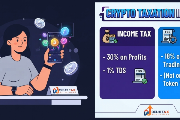 2D flat vector graphic explaining the difference between GST on crypto exchange fees and Income Tax on crypto profits in India.