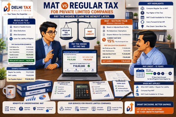 Professional CA explaining MAT versus regular tax for a private limited company, including 15% MAT and 15-year MAT credit carry forward