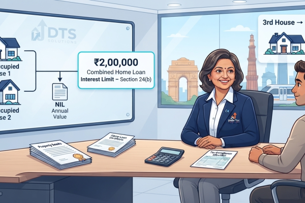 Tax rules for owning two self-occupied houses in India showing NIL annual value, ?2 lakh combined home loan interest limit, and deemed let-out treatment for additional properties.
