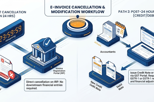 Text: Isometric diagram explaining the 24-hour IRP cancellation limit and credit note procedure for canceling or modifying e-invoices.