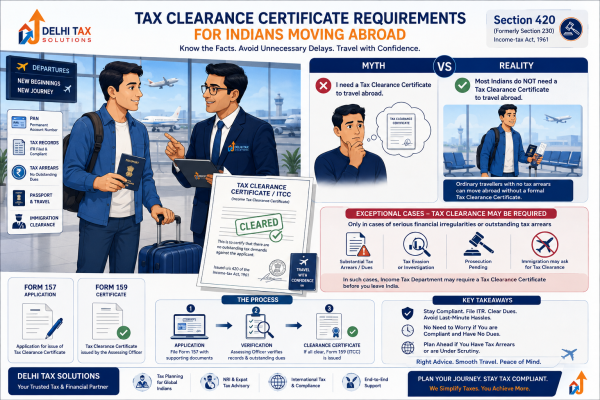 Delhi Tax Solutions illustration explaining tax clearance certificate requirements for Indians moving abroad, including Section 420, Form 157 and Form 159.