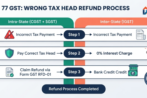 Vector infographic explaining Section 77 CGST Act refund process for intra vs inter state tax payment errors.