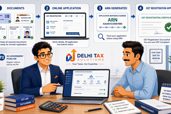 GST registration process online showing documents, digital application, ARN tracking and GST certificate approval