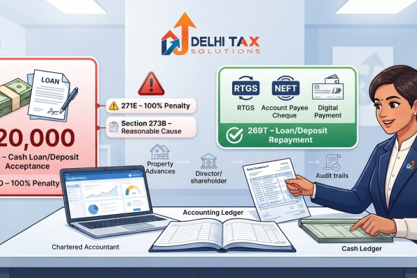 Indian Chartered Accountant explaining ₹20,000 cash loan limits under Sections 269SS and 269T, with 100% penalties under Sections 271D and 271E.