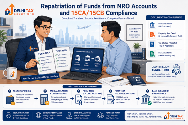 Chartered Accountant explaining NRO to NRE fund transfer and Form 15CA and 15CB compliance to an NRI
