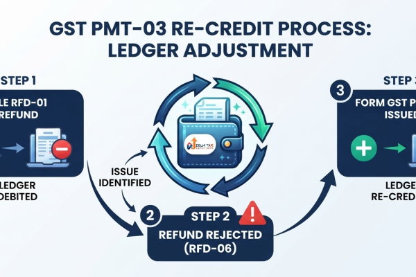 Vector infographic explaining Form GST PMT-03 and the re-credit process of rejected GST refunds.