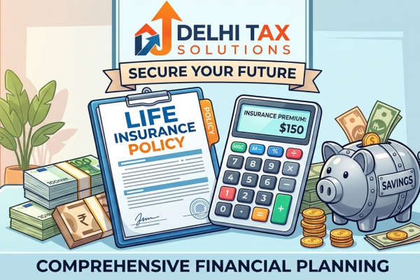 Cartoon illustration of life insurance policy documents and tax calculation files.