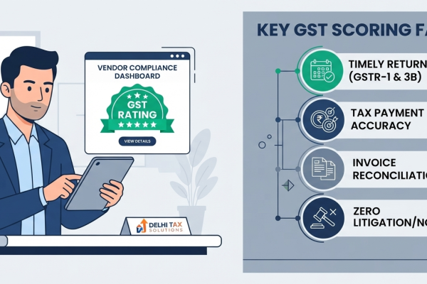 2D flat vector graphic detailing GST Compliance Rating parameters under Section 149 and its impact on vendor selection.