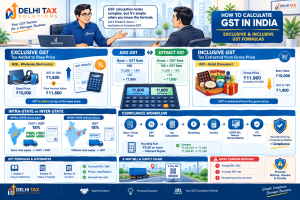 Indian Chartered Accountant explaining how to calculate GST using exclusive and inclusive formulas, with ₹10,000 base price, 18% GST, CGST, SGST and IGST examples