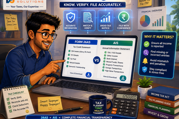Cartoon illustration of an Indian taxpayer analyzing Form 26AS and AIS statements for income tax filing.