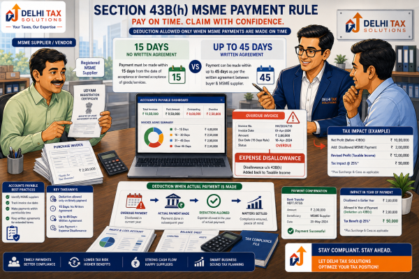 CA explaining Section 43B(h) MSME payment deadlines, expense disallowance, Udyam registration, and 15 or 45 day payment rules