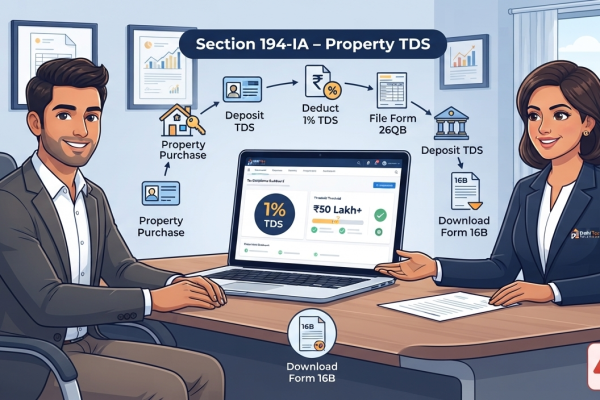 Indian homebuyer consulting a CA about Section 194-IA property TDS, 1% deduction, Form 26QB, and Form 16B compliance