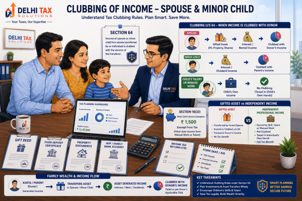 Clubbing of income illustration showing Section 64 rules for spouse and minor child income, including gifted assets and the ?1,500 minor child exemption.