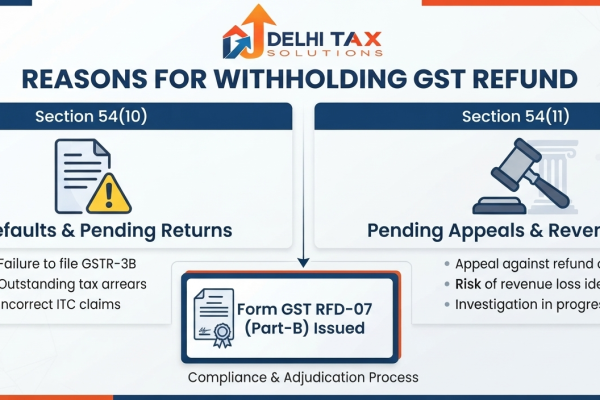Vector infographic explaining Section 54(10) and Section 54(11) for withholding GST refunds via RFD-07.