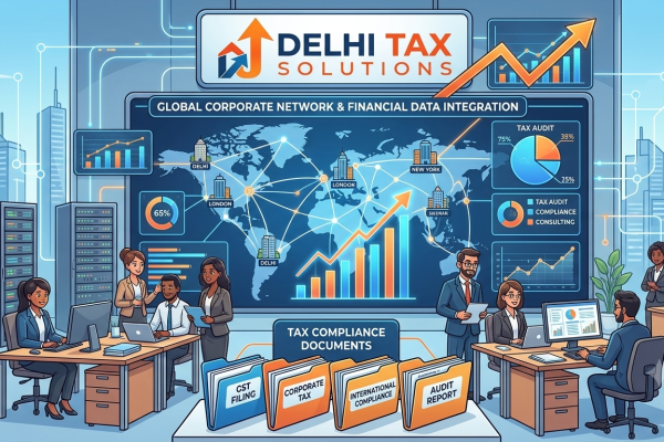 Cartoon illustration of global corporate networks and tax compliance documents.