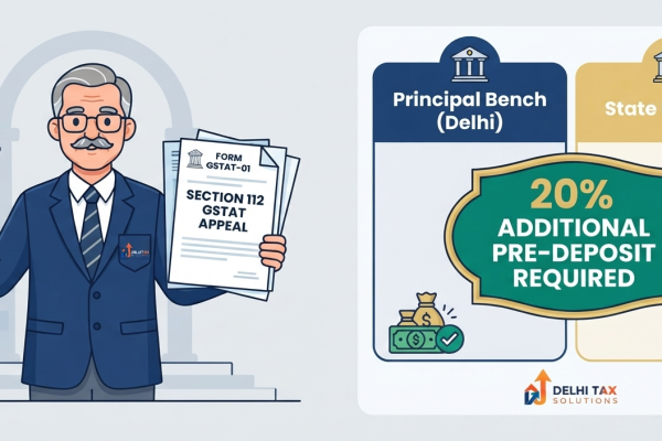 2D flat vector illustration of a tax advocate standing near a legal gavel alongside an infographic detailing the GSTAT bench structure and pre-deposit rules.