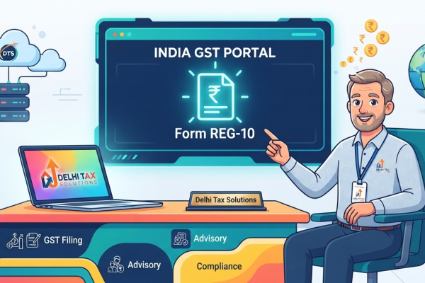 2D cartoon illustration of a foreign business owner filing OIDAR GST online