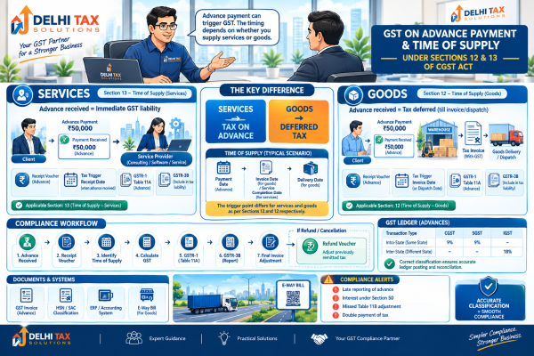Indian Chartered Accountant explaining GST on advance payments, Section 12 and 13 time-of-supply rules, receipt vouchers, GSTR-1 and GSTR-3B reporting