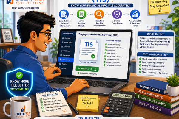 Cartoon illustration of an Indian taxpayer downloading the Taxpayer Information Summary (TIS) for income tax filing.