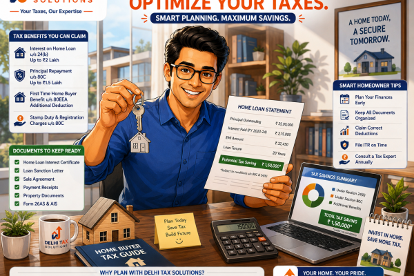 Cartoon illustration of an Indian homeowner calculating tax deductions on home loan interest and principal.