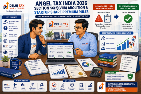 Professional Indian CA explaining the abolition of angel tax under Section 56(2)(viib) and current startup share premium valuation rules.