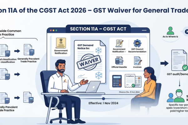 Indian Chartered Accountant explaining Section 11A of the CGST Act, GST waiver for generally prevalent trade practices, as-is-where-is relief, no refund and Section 73/74 demand protection