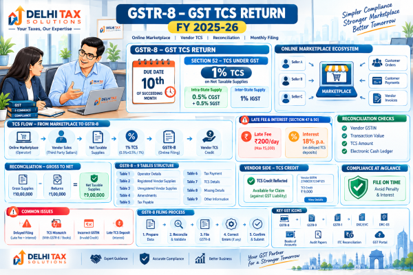 Indian Chartered Accountant explaining GSTR-8 TCS return, Section 52, 1% GST TCS, e-commerce operators, 10th due date and vendor TCS credit