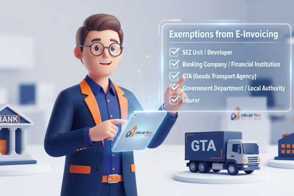 A modern 3D illustration featuring a professional tax consultant character explaining the sectors exempted from generating e-invoices, visually categorized with floating industry icons.