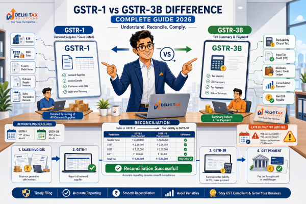 GSTR-1 vs GSTR-3B comparison showing outward sales reporting, Input Tax Credit, tax liability and GST payment