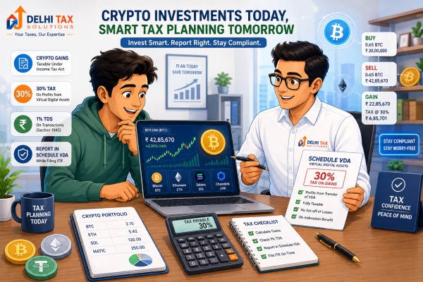 Cartoon illustration of an Indian crypto trader calculating VDA taxes with an expert advisor from Delhi Tax Solutions in a modern office setting.