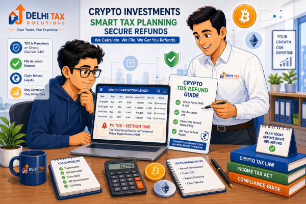 Cartoon illustration of a crypto investor and a Delhi Tax Solutions advisor reviewing Section 194S 1% TDS details on a laptop in a modern office.