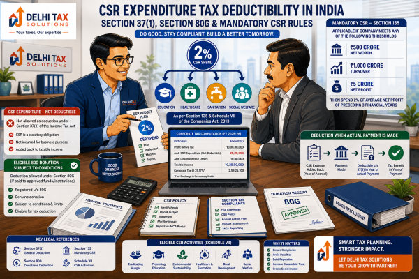 Indian CA explaining CSR expenditure tax disallowance under Section 37(1), Section 80G rules, and mandatory 2% CSR spending requirements.